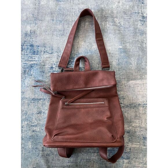 Brown Faux Leather Fold Over Bucket Shoulder Convertible Backpack - Picture 1 of 8